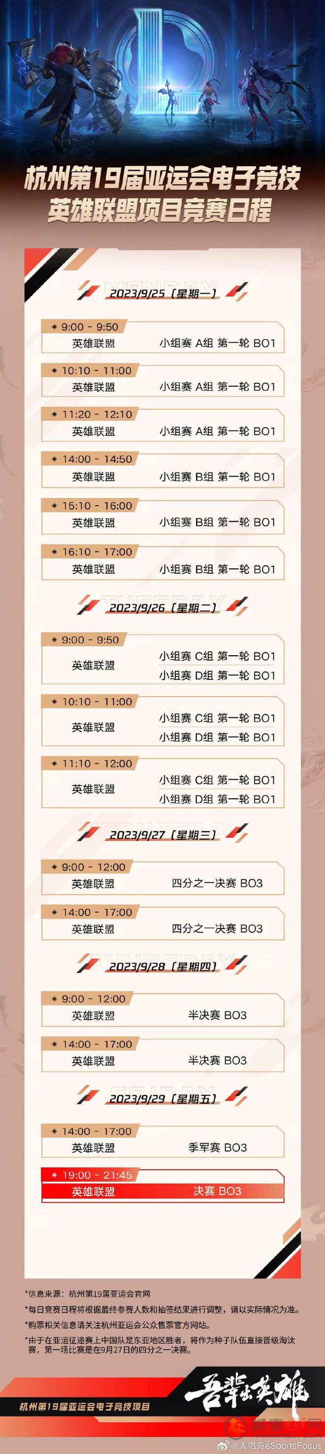 杭州亚运会英雄联盟最新赛程 2023lol亚运会赛程时间表